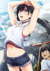 1boy 1girls :d amano_hina_(tenki_no_ko) armpits arms_up bare_arms black_choker black_hair black_shorts blue_eyes blue_sky blush breasts brown_eyes building choker cloud cloudy_sky cowboy_shot day denim denim_shorts gem hair_between_eyes highres hood hood_down hoodie light_rays long_hair looking_at_another looking_at_viewer looking_away looking_up low_twintails millipen_(medium) morishima_hodaka navel open_mouth outdoors rain red_tank_top shirt short_sleeves shorts signature sky skyscraper sleeveless sleeveless_hoodie small_breasts smile standing stomach stretching sunlight tank_top tenki_no_ko traditional_media tree twintails water_drop white_hoodie white_shirt xtermination