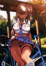 1girls 2023 artist_name bicycle black_hair black_panties blue_skirt cleavage collarbone covered_nipples dark-skinned_female dark_skin goddess_of_victory:_nikke grin gyaru hair_ornament hair_over_one_eye hi_res highleg highleg_panties kneehighs lifted_by_self looking_at_viewer loose_socks naga_(nikke) necktie no_bra pleated_skirt pubic_hair pussy_peek school_uniform shimetta_masuta side_ponytail skirt skirt_lift sky socks solo solo_female striped_panties sunset teeth thigh_strap thighs underwear watermark white_shirt white_socks wristband yellow_eyes