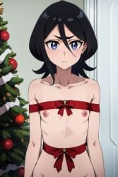 1girls ai_generated arms_tied black_hair bleach bondage christmas christmas_present christmas_tree female flat_chest kuchiki_rukia looking_at_viewer nipples nude nude_female purple_eyes ribbon ribbon_bondage ribbon_bra ribboned_body standing