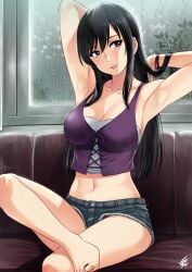 1girls armpits arms_up black_hair breasts cleavage collarbone couch crop_top denim denim_shorts hair_between_eyes head_tilt highres indoors large_breasts long_hair looking_at_viewer looking_to_the_side midriff mole mole_under_eye nail_polish navel parted_lips purple_eyes purple_vest rain short_shorts shorts sitting smile solo solo_female solo_focus strapless suga_natsumi tenki_no_ko toenail_polish toenails tube_top vest window xtermination