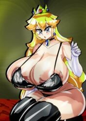 1girls 2023 alternate_breast_size areola_slip areolae ass bed_sheet black_bra black_panties blonde_hair blue_eyes blush bra breasts breasts_bigger_than_head choker cleavage crown earrings elbow_gloves female female_only gloves huge_breasts kneeling kotarodayo1126 long_hair looking_at_viewer mario_(series) nintendo open_mouth panties princess_peach seiza solo stockings thick_thighs thighhighs underwear white_skin wide_hips yellow_background