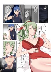 1boy 1ch 1girls alternate_breast_size asymmetrical_clothes bare_arms big_breasts blue_eyes blue_hair breasts censored chrom_(fire_emblem) cleavage closed_eyes comic dialogue dress female fire_emblem fire_emblem_awakening frown green_hair imminent_sex indoors japanese_text large_breasts male nervous night nintendo panels pelvic_curtain ponytail short_hair sleep_molestation sleeping sound_effects tent text thick_thighs thighs tiki_(adult)_(fire_emblem) tiki_(fire_emblem) translation_request walk-in