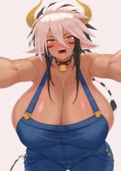 2023 alternate_version_at_paywall animal_humanoid anthro armpits bell bell_collar better_version_at_paywall big_breasts blush bovid bovid_humanoid bovine bovine_humanoid breasts cathyl_(monster_musume) cattle_humanoid clothing collar cowbell female hair hi_res horned_humanoid horns huge_breasts humanoid jefflink looking_at_viewer mammal mammal_humanoid monster_girl monster_girl_(genre) monster_musume monster_musume_no_iru_nichijou open_mouth overalls overalls_only pupils solo square_pupils white_hair yellow_horn