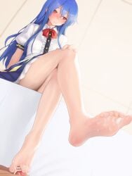 after_ejaculation bar_censor bare_legs barefoot blue_hair blush censored cum cum_on_body cum_on_feet feet female foot_fetish footjob highres hinanawi_tenshi legs long_hair maa_(maa1) penis red_eyes sitting soles tenshi_hinanawi toenails toes touhou