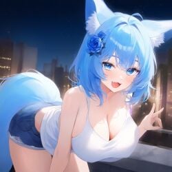 agamou ai_generated aigbrea bent_over blue_eyes blue_hair blush breasts fox_ears fox_girl fox_tail hair_ornament large_breasts nipple_bulge shorts smile tank_top