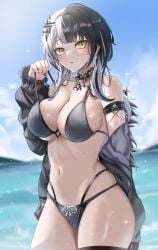 1girls arm_strap bikini bikini_under_clothes black_bikini black_bikini_bottom black_bikini_top black_choker black_hair black_jacket black_nails blue_sky blurry blurry_background breasts choker cloud cowboy_shot cross cross_earrings day earrings female female_only fingernails fur-trimmed_jacket fur_trim grey_hair highres hololive hololive_english hololive_english_-advent- jacket jacket_partially_removed jewelry lace lace_choker large_breasts light-skinned_female light_blush light_skin long_fingernails long_sleeves looking_at_viewer multi-strapped_bikini multicolored_hair nail_polish navel ocean open_clothes open_jacket outdoors parted_lips shiori_novella skindentation sky solo sparkle split-color_hair stomach strap_pull swimsuit thigh_strap virtual_youtuber water wet yellow_eyes yobi_(ybpac18)