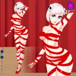 1girls armpits arms_up breasts female female_only gangle_(the_amazing_digital_circus) humanized igneuzz mask masked_female red_ribbon ribbons small_breasts solo solo_female tagme the_amazing_digital_circus thick_thighs