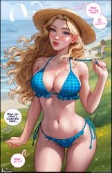 2girls aroma_sensei big_ass big_breasts bikini blonde_hair blue_eyes breasts busty curvaceous curvy curvy_figure cute cute_face digital_media_(artwork) english_text eyebrows eyelashes eyes female female_focus fit fit_female full_lips hair haley_(stardew_valley) hat hips hourglass_figure human large_breasts legs light-skinned_female light_skin lips long_hair mature mature_female multiple_girls outdoors slim slim_waist stardew_valley thick thick_legs thick_lips thick_thighs thighs top_heavy upper_body voluptuous waist wide_hips