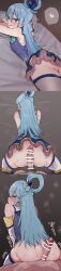 1girls aqua_(konosuba) ass bed_sheet blue_hair blue_skirt blush buttjob hair_rings heart kobinbin kono_subarashii_sekai_ni_shukufuku_wo! looking_at_viewer looking_back lying motion_lines no_panties penis_on_ass sidelocks thighhighs