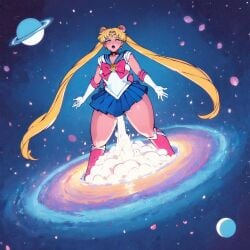 ai_generated bishoujo_senshi_sailor_moon blonde_hair blue_eyes clothing cumming excessive_cum galaxy giantess pixai sailor_moon skirt space usagi_tsukino