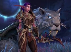 2023 3d armor bow elf elf_ears female glowing_eyes holtart hunter necklace night_elf pointy_ears purple_hair world_of_warcraft