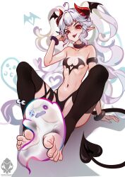 feet flat_chest foot_fetish foot_focus horns lingerie mephi_(yeougui) petite petite_body red_eyes smug smug_face smug_grin stirrup_legwear succubus succubus_horns succubus_tail tagme tail toes white_hair yeougui