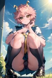 ai_generated aiposter black_panties cloud horns mina_ashido my_hero_academia panties pantyshot pink_hair school_uniform squatting stockings sun yellow_eyes