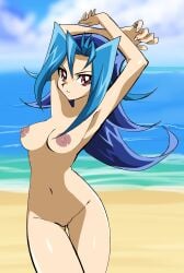 1girls areolae armpits beach_background blue_hair breasts bryanjoel color curvy cyan_hair dntks edit erect_nipples female hips kamishiro_rio long_hair looking_at_viewer navel nipples nude red_eyes ring rio_kamishiro solo thick_legs yu-gi-oh! yu-gi-oh!_zexal