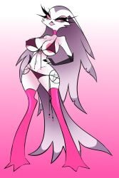 anthro avian beak breasts clothed clothing demon feathers female helluva_boss hi_res mature_female nipples panties partially_clothed pink_eyes pixelzsinful solo stella_(helluva_boss) thick_thighs underwear white_body white_feathers