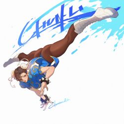 ass boots bracelet brown_hair capcom chinese_clothes chun-li citemer earrings female jewelry legs_apart pantyhose spiked_bracelet spikes street_fighter thong