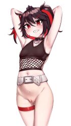 1girls akami_chiyo argentina arms_behind_head black_hair indie_virtual_youtuber latam_virtual_youtuber light-skinned_female light_skin nipples red_eyes simple_background small_breasts two_tone_hair virtual_youtuber