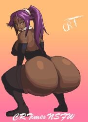 animated ass ass_focus ass_shake bent_over big_ass bleach boots crtimesnsfw huge_ass human leggings pixel_art scarf shihouin_yoruichi smirk smirking_at_viewer twerking