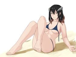 bikini black_hair bloodstained:_ritual_of_the_night breasts brown_hair female highres horns large_breasts looking_at_viewer medium_breasts miriam_(bloodstained) mr.burns multicolored_hair solo swimsuit untied_bikini