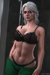 1girls 3d big_breasts ciri clothing female female_only green_eyes lingerie nipples solo the_witcher_(series) the_witcher_3:_wild_hunt thong white_hair zyx3dx