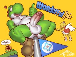 anal anal_insertion anthro balls biped duo english_text erection gay gay_anal genitals green_body heart hi_res koopa male male_only male_penetrated mario_(series) nintendo non-mammal_balls object_in_ass paratroopa penetration penis simple_background super_mario_bros._wonder talking_flower_(super_mario_bros._wonder) text white_body yellow_background yoshi zi_ran