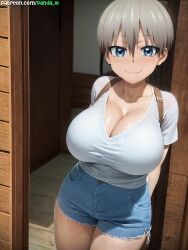 1girls ai_generated blue_eyes breasts female grey_hair hi_res hips huge_breasts light-skinned_female light_skin naughty_face panda_ai short_hair smile stable_diffusion thick_thighs thighs uzaki-chan_wa_asobitai! uzaki_hana wide_hips