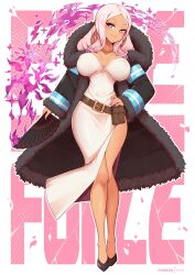 2023 2d adult adult_female artist_name belt big_breasts blue_eyes blush breasts brown-skinned_female brown_skin cleavage clothed_female coat construct cross_pupils curvy curvy_figure dark-skinned_female dark_skin dress enen_no_shouboutai fan fanbox_username female female_only fire fire_force former_antagonist fully_clothed fur_coat head_tilt holster human human_female human_only legs long_hair looking_at_viewer necklace nipple_bulge no_sex pencil_dress pink_hair powers princess_hibana purple_nails pyrokinesis realistic_breast_size realistic_proportions sfw smile smiling_at_viewer solo solo_female standing virus-g virus.g wavy_hair young_woman