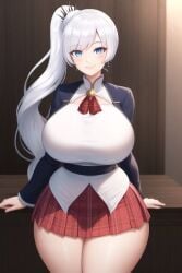 1girls ai_generated big_breasts blue_eyes curvaceous curvy_female curvy_figure exposed_thighs eyes female female_focus female_only huge_breasts large_breasts light-skinned_female light_skin long_hair miniskirt rwby school_uniform standing thick thick_thighs transformationwitch voluptuous voluptuous_female weiss_schnee white_hair wide_hips