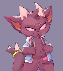 1boy anthro balls bottomless clothed clothing collared_shirt dragon erection fur furred_dragon garfield_(kobold_festival) genitals glans head_tuft hi_res looking_at_viewer male male_only navel open_clothing open_shirt open_topwear penis pink_eyes pink_glans portrait purple_body purple_fur shirt simple_background smile smirk smite_(artist) solo solo_male standing tail three-quarter_portrait topwear tuft undone_tie