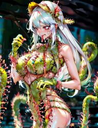 ai_generated alien_plants ass breasts dew female female_focus female_only green_gloves green_leotard leaf leaf_gloves leaf_hair_ornament leaf_hat leaf_texture leotard long_hair long_tongue original plant plant_suit red_eyes sap side_ass slime straight_hair tentacle tentacle_clothes tentacle_clothing tentacle_suit_girl_(floppyudon95) tentacles_around_legs tentacles_on_female tongue tongue_out white_hair