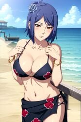 ai_generated akatsuki_(naruto) beach bikini_bottom bikini_top blue_hair blush breasts cleavage female female_only flower flower_in_hair hair_ornament hi_res konan long_hair looking_at_viewer nai_diffusion naruto naruto_(series) naruto_shippuden orange_eyes piercing pinup stable_diffusion