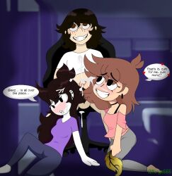 1boy 2020s 2023 2girls balls bottomless bottomless_male brown_hair chair clothed_female commission cum cum_on_face cum_on_upper_body cumming double_hairjob edit english_text feather female ffm_threesome hairjob jaiden jaiden_animations jaiden_dittfach male male/female mirge666 mob_face penis purple_shirt rolling_chair shannon_gurr shgurr smiling testicles threesome white_body youtube