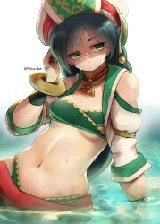 1girls arm_support arm_up artist_name bellybutton bikini breasts cleavage clothed clothing female female_only green_eyes half-closed_eyes hand_on_own_head highres long_hair low_twintails medium_breasts midriff namco navel partially_submerged sensual shaded_face solo soul_calibur swimsuit talim thong_bikini twintails underboob water wet yotastar