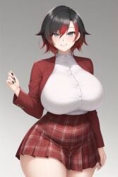 1girls ai_generated big_breasts black_hair clothing curvaceous curvy_female curvy_figure eyes female female_only hair_streak huge_breasts large_breasts light-skinned_female light_skin looking_at_viewer miniskirt nail_polish plaid_skirt ruby_rose rwby short_skirt standing thick thick_thighs transformationwitch voluptuous voluptuous_female wide_hips