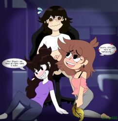 1boy 2020s 2023 2girls balls bottomless bottomless_male brown_hair chair clothed_female commission double_hairjob english_text feather female ffm_threesome hairjob jaiden jaiden_animations jaiden_dittfach male male/female mirge666 mob_face penis purple_shirt rolling_chair shannon_gurr shgurr testicles threesome white_body youtube