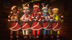 3d 3d_(artwork) 5girls animal_ears animatronic anthro avian beak bear bear_ears big_breasts black_nose blue_body blue_skin breasts brown_body brown_hair brown_skin bunny_ears candy_cane canid canine chicken christmas eyeshadow female five_nights_at_freddy's five_nights_at_freddy's_2 fox fox_ears foxy_(fnaf) freddy_(fnaf) gloves gold97fox hat holidays lagomorph leporid lipstick makeup mammal mangle_(fnaf) nipples pink_cheeks pink_eyeshadow purple_eyeshadow purple_lipstick rabbit red_body red_cheeks red_lipstick red_skin robot robot_girl rule_63 sharp_teeth source_filmmaker standing teeth tongue tongue_out toy_bonnie_(fnaf) toy_chica_(fnaf) white_body white_skin yellow_body yellow_eyes yellow_skin