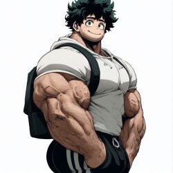 1boy 1male 1man abs ai_generated backpack bara bara_tiddies bara_tits biceps big_muscles concept_art deltoids facial_hair hoodie hyper_muscles izuku_midoriya large_pecs large_pectorals male_focus male_nipples male_only man man_boobs man_breasts man_tits manly masculine masculine_male muscle muscles my_hero_academia pecs pectorals solo_male trapezius