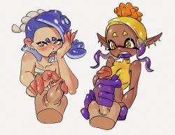 astonished blush blushing foreskin frye_(splatoon) handjob highres looking_at_viewer majodawn octoling penis shiver_(splatoon) splatoon splatoon_(series) splatoon_3 uncut