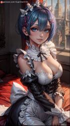 1girls ai_generated big_breasts blue_eyes blue_hair breasts cleavage curvy curvy_female curvy_figure female female_only hair_ornament human large_breasts looking_at_viewer maid maid_apron maid_headdress maid_outfit maid_uniform re:zero_kara_hajimeru_isekai_seikatsu rem_(re:zero) short_hair sitting small_waist smile smiling smiling_at_viewer supr3metr x_hair_ornament