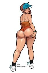 1girls artist_name ass blue_hair brown_hair bubble_butt dat_ass eyes_mostly_closed female female_only looking_at_viewer looking_back looking_back_at_viewer micaela_(mrpotatoparty) mrpotatoparty rear_view smiling smiling_at_viewer solo tan_skin tanline thick_ass thick_thighs thighs_together two_tone_hair white_background