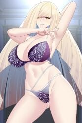 1girls alternate_breast_size armpit_fetish armpits aslindsamure blonde_hair bra breasts female game_freak green_eyes hips huge_breasts lingerie long_hair lusamine_(pokemon) mature_female milf mother nintendo panties pokemon pokemon_sm spreading_armpit thick_thighs thighs wide_hips