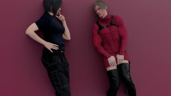 1boy 1boy1girl 1girls 3d ada_wong capcom costume_swap covering_crotch elmamoru embarrassed_male female leon_scott_kennedy light-skinned_male light_skin male resident_evil resident_evil_2 resident_evil_2_remake resident_evil_4 resident_evil_4_remake sweater sweater_dress thigh_boots thighhigh_boots