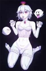 1boy 2023 armwear blush boo_(mario) boosette bulge crown femboy genderswap genderswap_(ftm) ghost girly kneeling lingerie looking_at_viewer luigi's_mansion male male_only mario_(series) new_super_mario_bros._u_deluxe nintendo penis_bulge purple_eyes rule_63 stockings targso tongue_out white_armwear white_body white_hair white_stockings