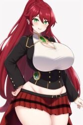 1girls ai_generated big_breasts breasts curvaceous curvy curvy_female curvy_figure eyes female female_focus female_only going_commando green_eyes hair_tied huge_breasts large_breasts light-skinned_female light_skin long_hair looking_at_viewer miniskirt no_panties pantyless ponytail pyrrha_nikos red_hair rwby school_uniform schoolgirl standing thick thick_thighs transformationwitch voluptuous voluptuous_female