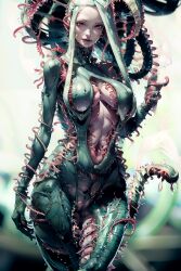 ai_generated bodysuit female female female_focus female_only green_body green_bodysuit living_clothes mature mature_female mature_woman original pale-skinned_female pale_skin red_eyes tentacle tentacle tentacle_clothes tentacle_clothing tentacle_suit tentacle_suit_girl_(floppyudon95) tentacles_around_arms tentacles_around_legs tentacles_everywhere tentacles_on_female tentacles_under_clothes white_background