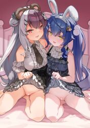 2girls :3 absurdres amamiya_kokoro animal_ears artist_request bar_censor bare_shoulders barefoot bear_ears bear_hair_ornament bed black_bow black_skirt blue_hair blue_shirt blush bow breasts brown_hair brown_hairband brown_necktie censored center_frills detached_sleeves double_bun fake_animal_ears frills grey_hair grey_shirt grey_skirt hair_bun hair_ornament hairband high-waist_skirt highres lifted_by_self long_hair looking_at_viewer medium_breasts miniskirt multicolored_hair multiple_girls necktie nijisanji no_panties official_alternate_costume paid_reward_available parted_lips petticoat plaid_necktie pleated_skirt pom_pom_(clothes) pom_pom_hair_ornament pussy rabbit_ears rabbit_hair_ornament red_eyes red_hair shiromochimikan shirt side-tie_skirt sitting skirt sleeveless sleeveless_shirt sleeveless_sweater smile split-color_hair streaked_hair sweater take_your_pick thighs turtleneck twintails underwear very_long_hair virtual_youtuber white_hairband x_hair_ornament yellow_eyes yorumi_rena yorumi_rena_(11th_costume)