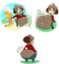 1boy 2girls animal_crossing ankha ankha_(animal_crossing) anthro anthro_only brown_fur canine digby_(animal_crossing) digestion dog_boy dog_girl female female_prey fof isabelle_(animal_crossing) looking_over_shoulder male male_pred massive_ass massive_belly nintendo post_vore_weight_gain red_suit_jacket sleeping_prey soft_vore swallowed_whole vore vore_belly yellow_fur