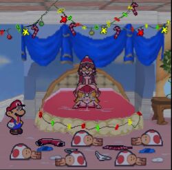 animated blonde_hair cheating christmas christmas_hat christmas_outfit cum doggy_style doggy_style_position earrings mario mario_(series) multiple_boys original_character paper_mario paper_peach pixel_art princess_peach sound tagme theevilfallenone toad_(mario) video