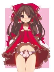 1boy 2012 balls blush breasts brown_hair bulge clothed clothing embarrassed erection erection_in_panties erection_under_clothes femboy femboy_only haruna_mahiru horny human light-skinned_femboy light_skin long_hair male_only mostly_clothed panties pink_panties reimu_hakurei skirt skirt_lift small_penis solo standing tenting thigh_gap touhou