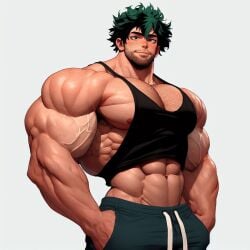 1boy 1male 1man abs ai_generated bara bara_tiddies bara_tits biceps big_muscles concept_art deltoids facial_hair hyper_muscles izuku_midoriya large_pecs large_pectorals male_focus male_nipples male_only man man_boobs man_breasts man_tits manly masculine masculine_male muscle muscle_shirt my_hero_academia pecs pectorals shorts solo_male trapezius